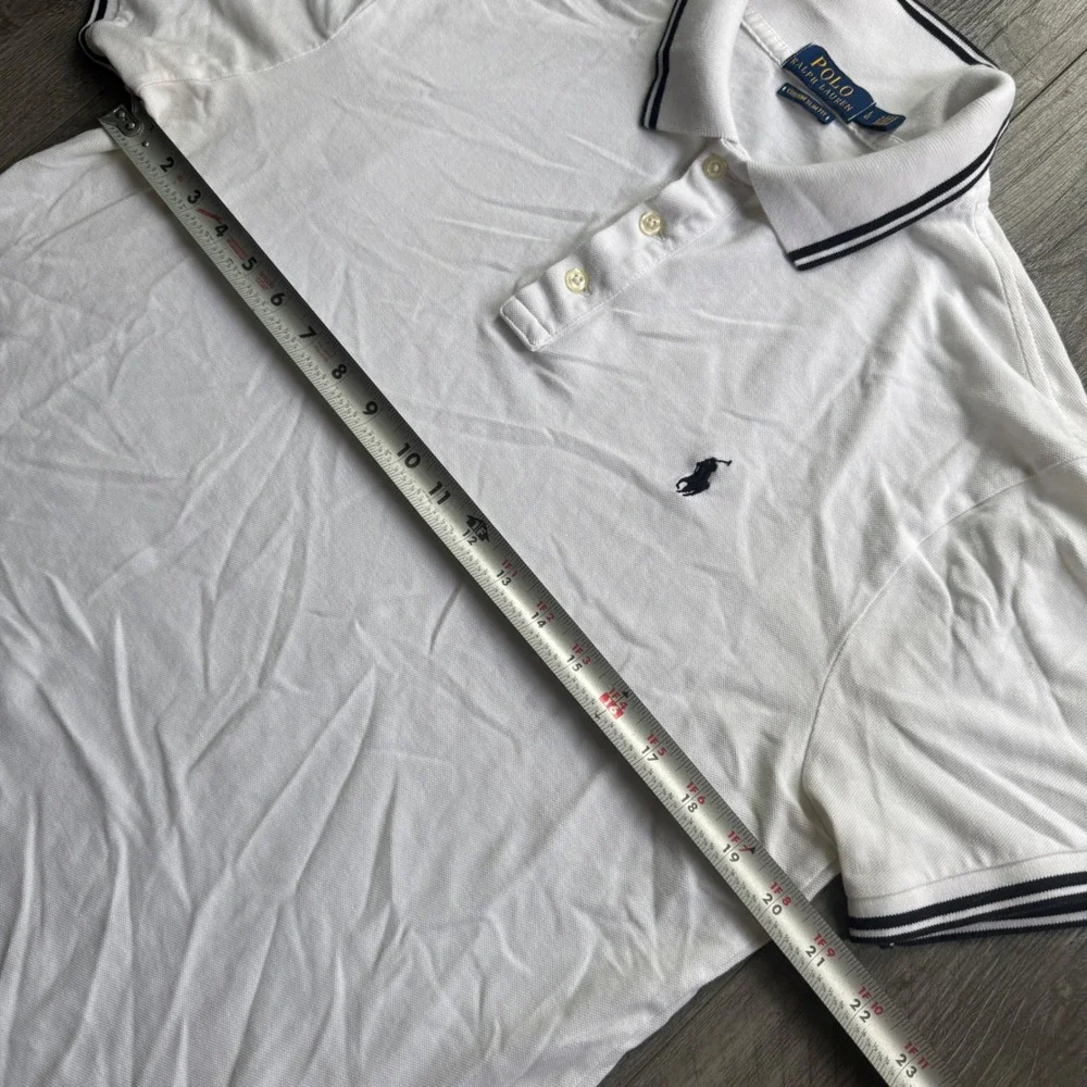 Polo Ralph Lauren Mens L Custom Slim Fit White Polo Navy Trim Pony Tipped Collar